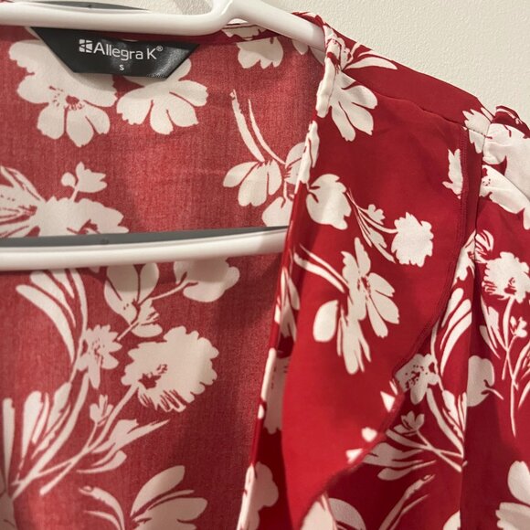 Allegra K Women's Tropical Print Blouse, Small, Red and White Patterned - Picture 7 of 10